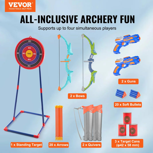 VEVOR Bow and Arrow Set for Kids, 2 Pack LED Light up Archery Set with 20 Suction Cup Arrows, Standing Target, 2 Quivers, 2 Guns, 20 Soft Bullets, 3 Target Cans, Outdoor Toy for Boy & Girl 6+ Year Old